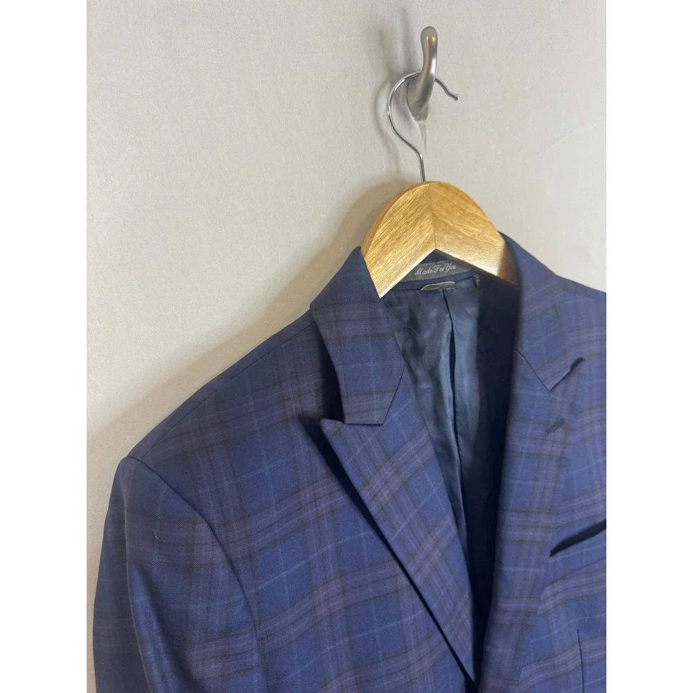 Indochino Mens 36 Navy Blue Plaid 100% Wool Peak 2-Button Blazer Suit Jacket